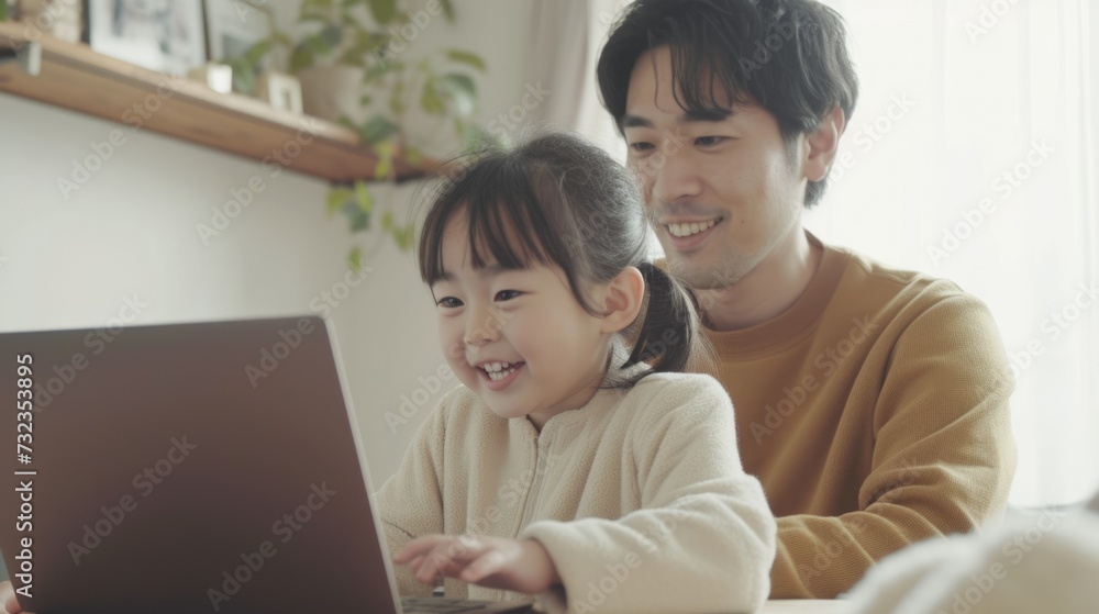 Young asian girl study home. Child look laptop screen. Happy kid watch fun video computer, playing game or learning online. Distance Internet education concept. Virtual class. Father teach daughter. Young asian girl study home. Child look laptop screen. Happy kid watch fun video computer, playing game or learning online. Distance Internet education concept. Virtual class. Father teach daughter.