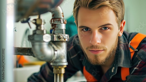 A young plumber's gaze through a pipe, portraying the concentration and detail-oriented nature of the trade, suitable for vocational education or service promotion.