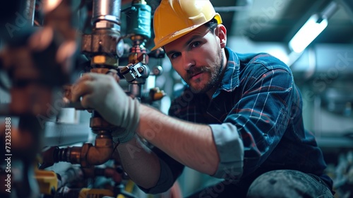 A mechanic intently adjusts valves, captured in a mechanical environment, exemplifying skilled labor and attention to detail, perfect for industry-related content. photo