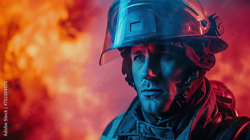 A firefighter in protective gear against a backdrop of flames, embodying courage and emergency response, perfect for safety, firefighting, and bravery themes