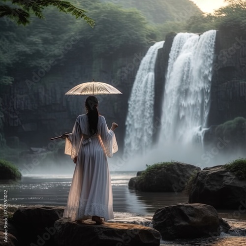 woman in dress next to the waterfall