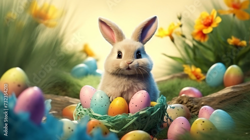 Happy Easter with bunny and color eggs