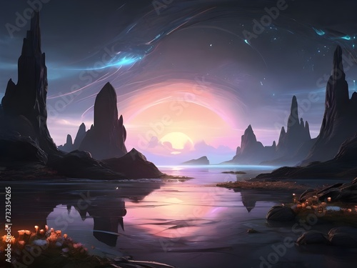 Serene Landscape: Celestial Display Illuminating the Rocky Terrain and Tranquil Waters, generative AI