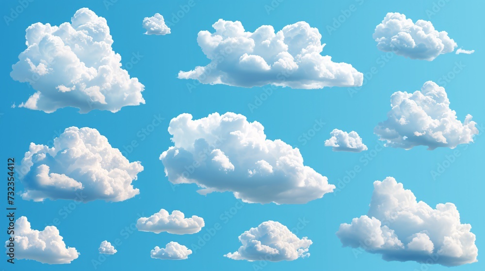 3D cumulus clouds in bubble shape, white and fluffy, representing realistic weather symbols in a summer skiescape. - obrazy, fototapety, plakaty 