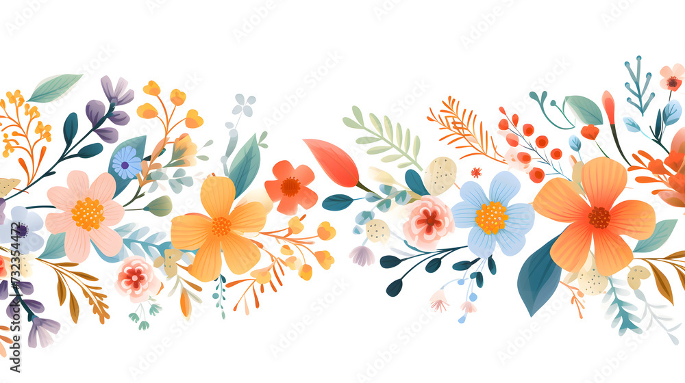Horizontal white banner decorated with gorgeous colorful blooming flowers and leaves. Spring botanical flat vector illustration on white background