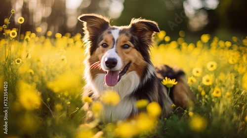 Smilling dog is sitting between yellow flowers with a flower on his head. Dog in springtime © Tahir