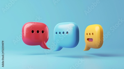 3D talk bubble with checkmark for online photo platform social media emoji chat message icons.