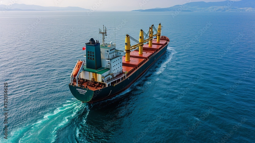 A vessel for transporting goods with large lifting equipment is sailing in tranquil conditions.