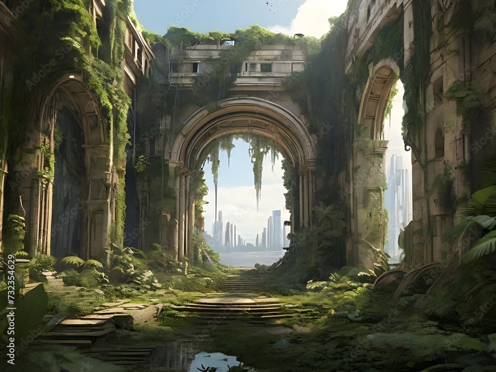 Harmonious Blend of Time: Ancient Overgrown Ruin with a Glimpse of Modern Cityscape, generative AI
