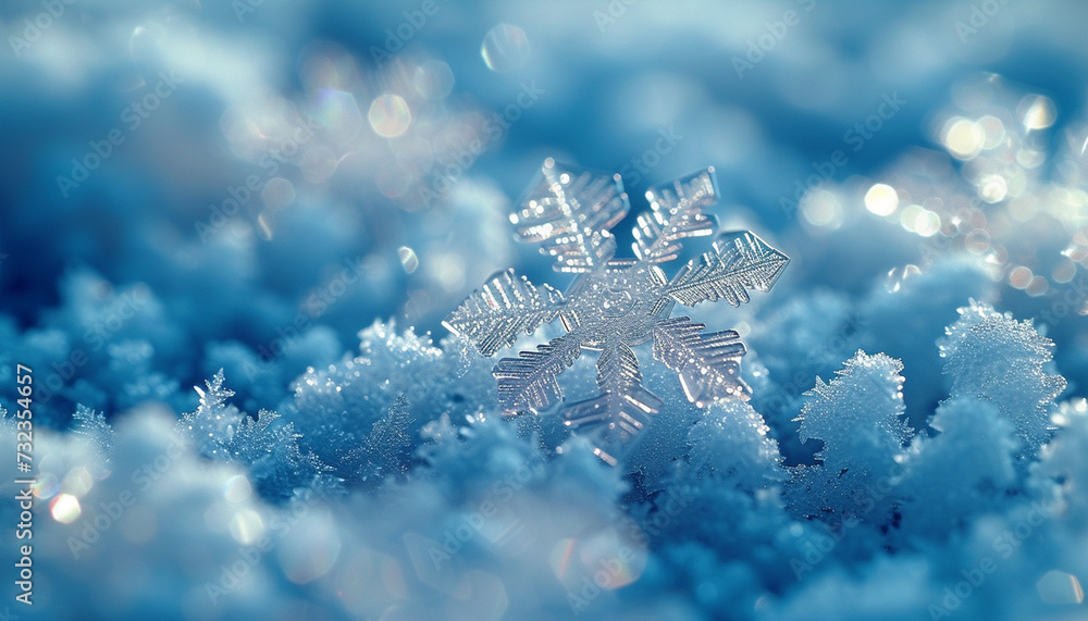 A detailed close-up of a unique snowflake crystal illuminated by soft blue light. A detailed close-up of a unique snowflake crystal illuminated by soft blue light.