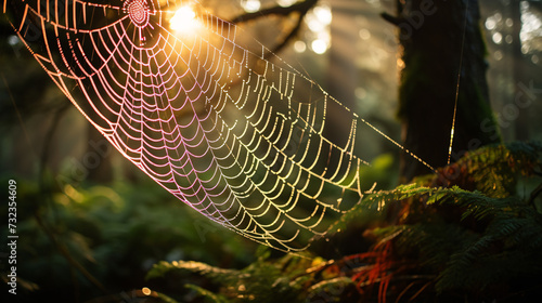 A delicate, dewy spider web, glistening in the dawn light of a magical wood.