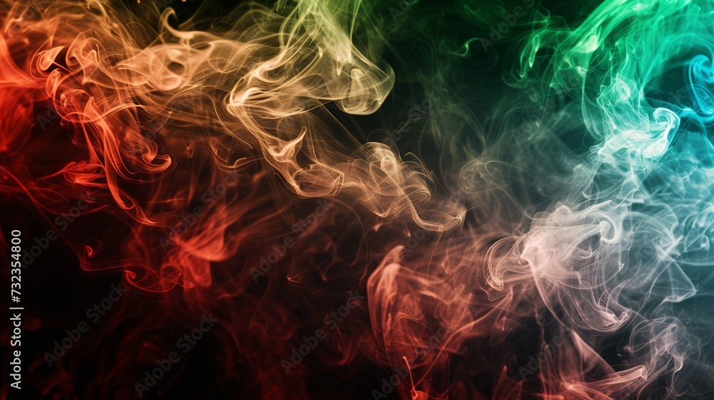 Vibrant multi-colored smoke swirling on dark backdrop.