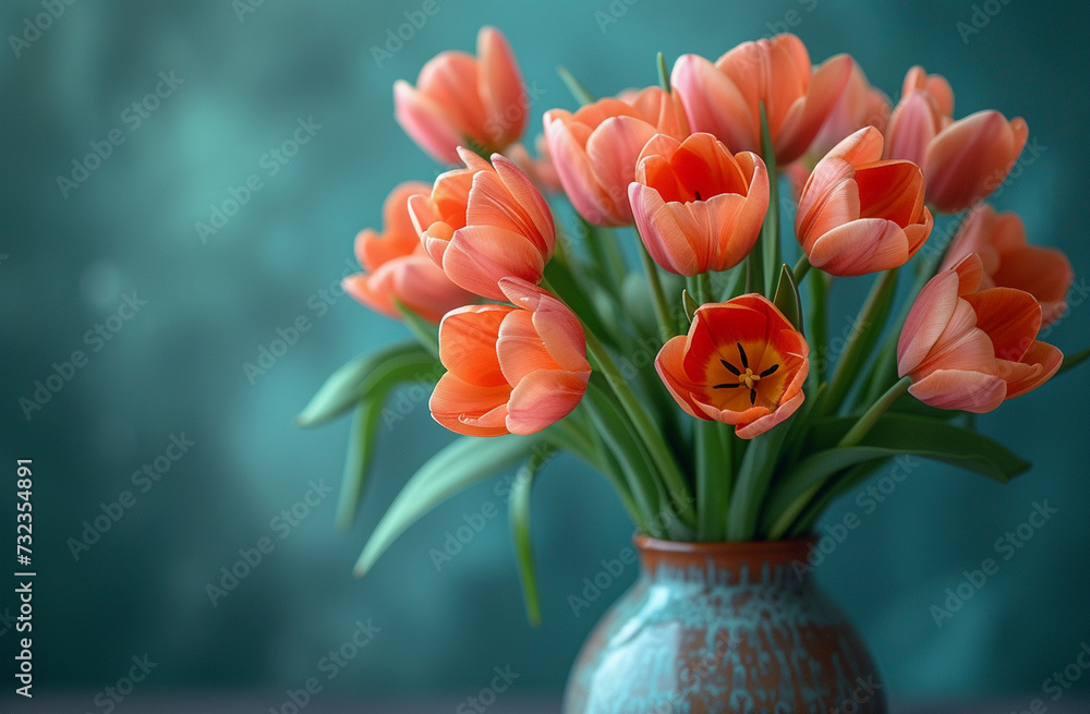 Captivating orange-red tulips arranged in a turquoise ceramic vase on a blue tabletop. Captivating orange-red tulips arranged in a turquoise ceramic vase on a blue tabletop.