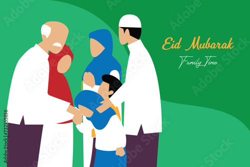 Three generation family celebrating eid mubarak flat 2d vector illustration