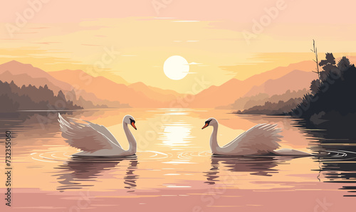 Swans in the lake. Vector illustration