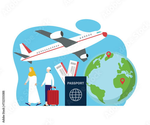 Muslim man and woman traveling by plane flat 2d vector illustration