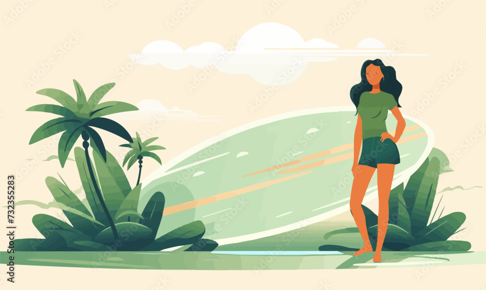 woman standing with surfboard vector flat isolated illustration