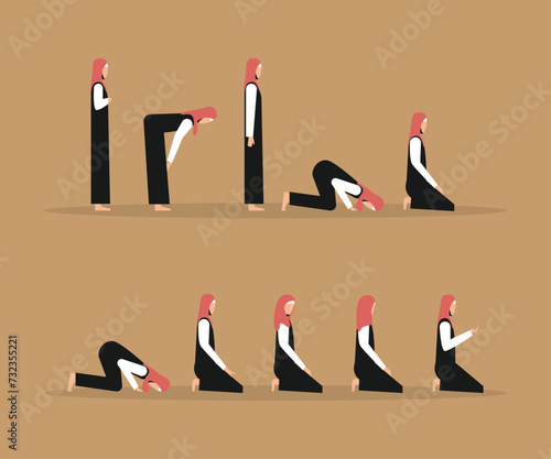 Set of Muslim Prayer Position Guide Step by Step Perform by a woman flat 2d vector illustration