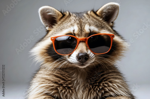 Funny adorable cute raccoon wearing sunglasses studio portrait on isolated background.    © AkosHorvathWorks