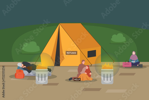 Stateless refugees asylum asking for help flat 2d vector illustration