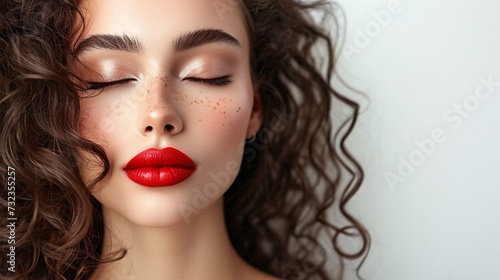 Stunning female model with alluring appearance, red lips and shut lids, displaying her long wavy tresses and flawless makeup on a plain backdrop. photo
