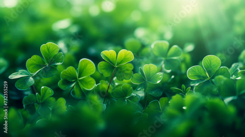 Green clover leaves background with three-leaved shamrocks, Lucky Irish Four Leaf Clover in Field for St. Patrick's Day holiday symbol and bokeh. St. Patrick's day holiday symbol, earth day.