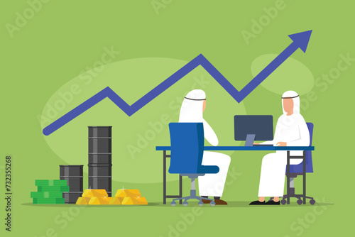 Arabic Businessman having a meeting with cash, gold, oil and upward chart flat 2d vector illustration