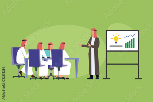 Arabic Businessman presenting business plan in meeting room flat 2d vector illustration