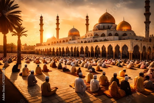  A beautiful mosque bathed in golden light at sunset, with worshippers gathering for Maghrib prayers during the holy month of Ramadan.  photo