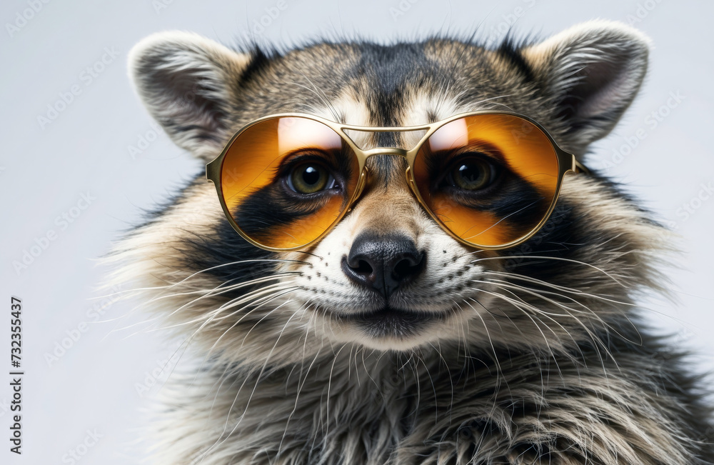 Funny adorable cute raccoon wearing sunglasses studio portrait on isolated background.
Funny adorable cute raccoon wearing sunglasses studio portrait on isolated background.