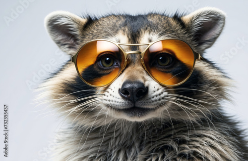 Funny adorable cute raccoon wearing sunglasses studio portrait on isolated background. 