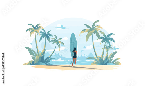 woman standing with surfboard vector flat isolated illustration