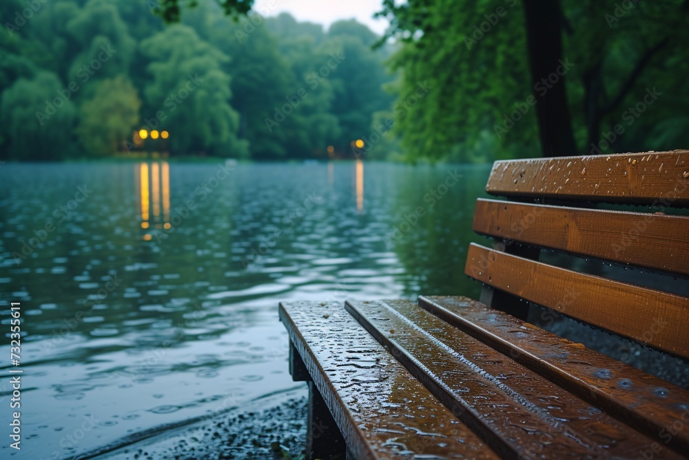 Fototapeta premium Lakeside bench in close proximity.