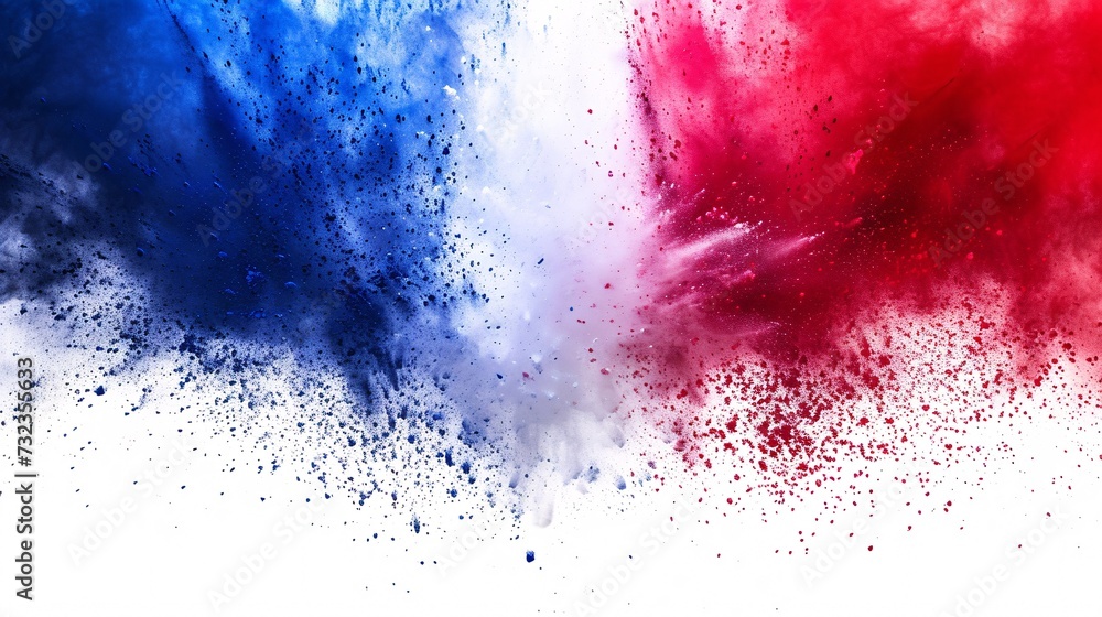 Vibrant French tricolor holi powder explosion on white background, representing celebration and tourism in France.