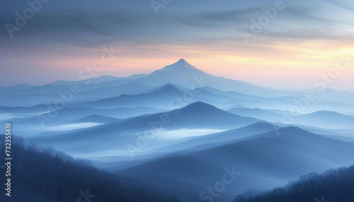Sunrise Over Misty Mountains. Pastel sunrise illuminates the mist-covered mountain layers in a tranquil landscape.