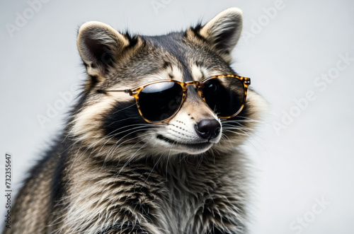 Funny adorable cute raccoon wearing sunglasses studio portrait on isolated background. 