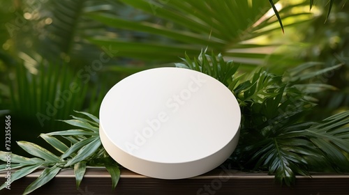 White round template podium mockup for natural organic cosmetic product presentation ad concept on green eco forest fresh leaves nature flat lay background, trendy stylish minimalist