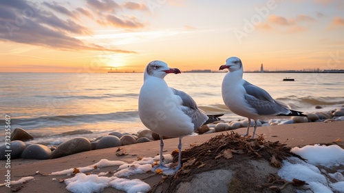 Winter cloudy seaside landscape. Birds against the background of the Baltic Sea. Photo taken in Gdynia, Poland