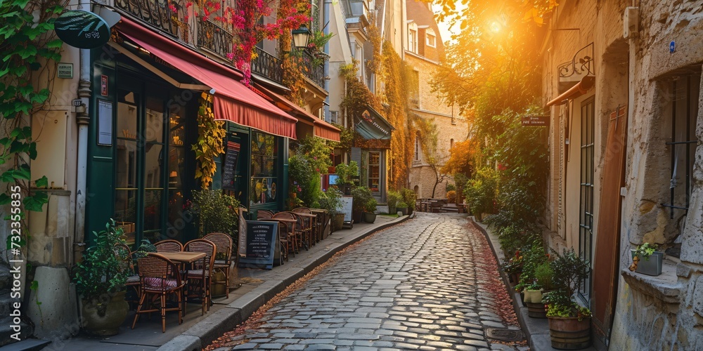 Fototapeta premium Quaint Parisian neighborhood with charming buildings and iconic attractions.