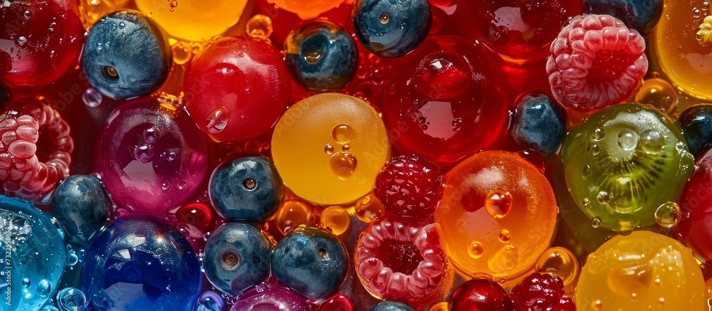 Different colored berries floating in a liquid create a vibrant pattern resembling a close-up view of organisms in electric blue, red, and magenta. Different colored berries floating in a liquid create a vibrant pattern resembling a close-up view of organisms in electric blue, red, and magenta.