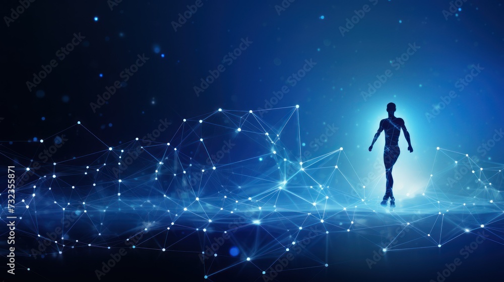 banner silhouette figure of a man Abstract blue digital background. Big data visualization. Science background. Big data complex with compounds. Lines plexus. banner silhouette figure of a man Abstract blue digital background. Big data visualization. Science background. Big data complex with compounds. Lines plexus.