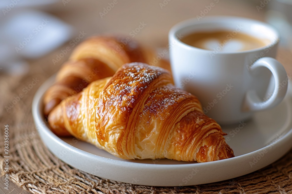 Indulge in a delectable breakfast of a flaky croissant and aromatic coffee. Close-up view.