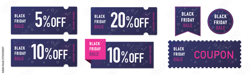 ブラックフライデーセールに使える青いグラフィック柄のクーポンベクターデザイン素材セット1