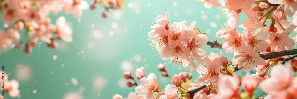 banner blossoming branch of apple or cherry tree with pink flowers. green background. defocus. soft focus. place for text, mock-up banner blossoming branch of apple or cherry tree with pink flowers. green background. defocus. soft focus. place for text, mock-up