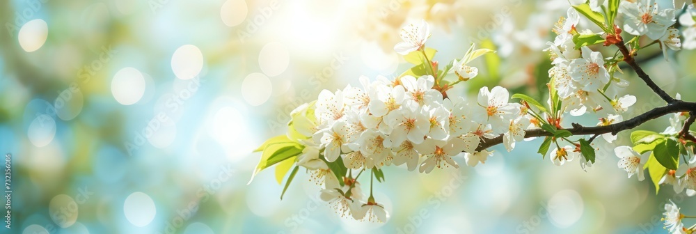 banner blossoming branch of apple or cherry tree with white flowers.sunny background. defocus. soft focus. place for text, mock-up banner blossoming branch of apple or cherry tree with white flowers.sunny background. defocus. soft focus. place for text, mock-up