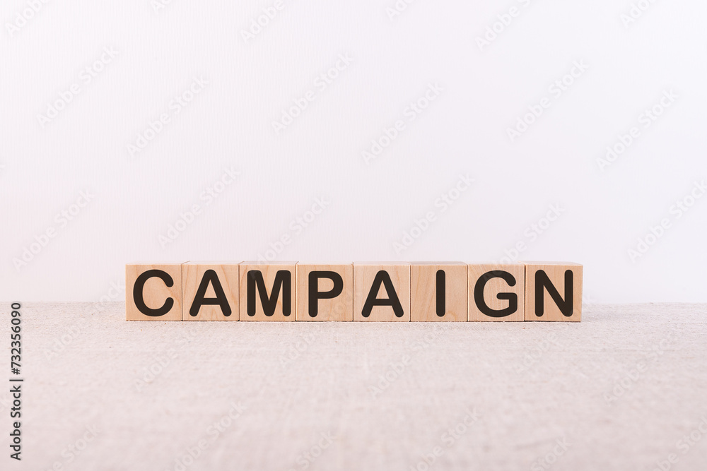 CAMPAIGN word made with building blocks on a light background CAMPAIGN word made with building blocks on a light background