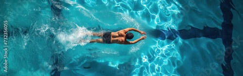 banner man swims athlete forward in the pool, top view. concept for swimming competition, water sport advertising, swimming pool photo