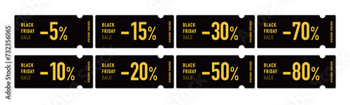 ブラックフライデーセールに使える黒と黄色のクーポンベクターデザイン素材セット（割引率別）2