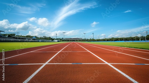 empty red running track at an outdoor stadium. against the background of blue sky and sun. running competition concept sport