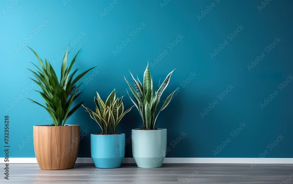 Cozy stylish minimalistic interior. The indoor potted plants decoration in modern room with a wooden floor and blue wall. AI Generative. Cozy stylish minimalistic interior. The indoor potted plants decoration in modern room with a wooden floor and blue wall. AI Generative.